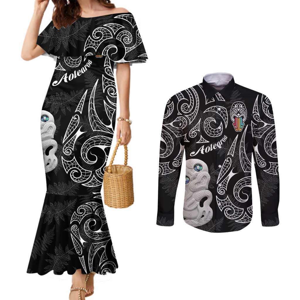 Kia Hara Te reo Maori Couples Matching Mermaid Dress and Long Sleeve Button Shirt Manaia Moko Pattern