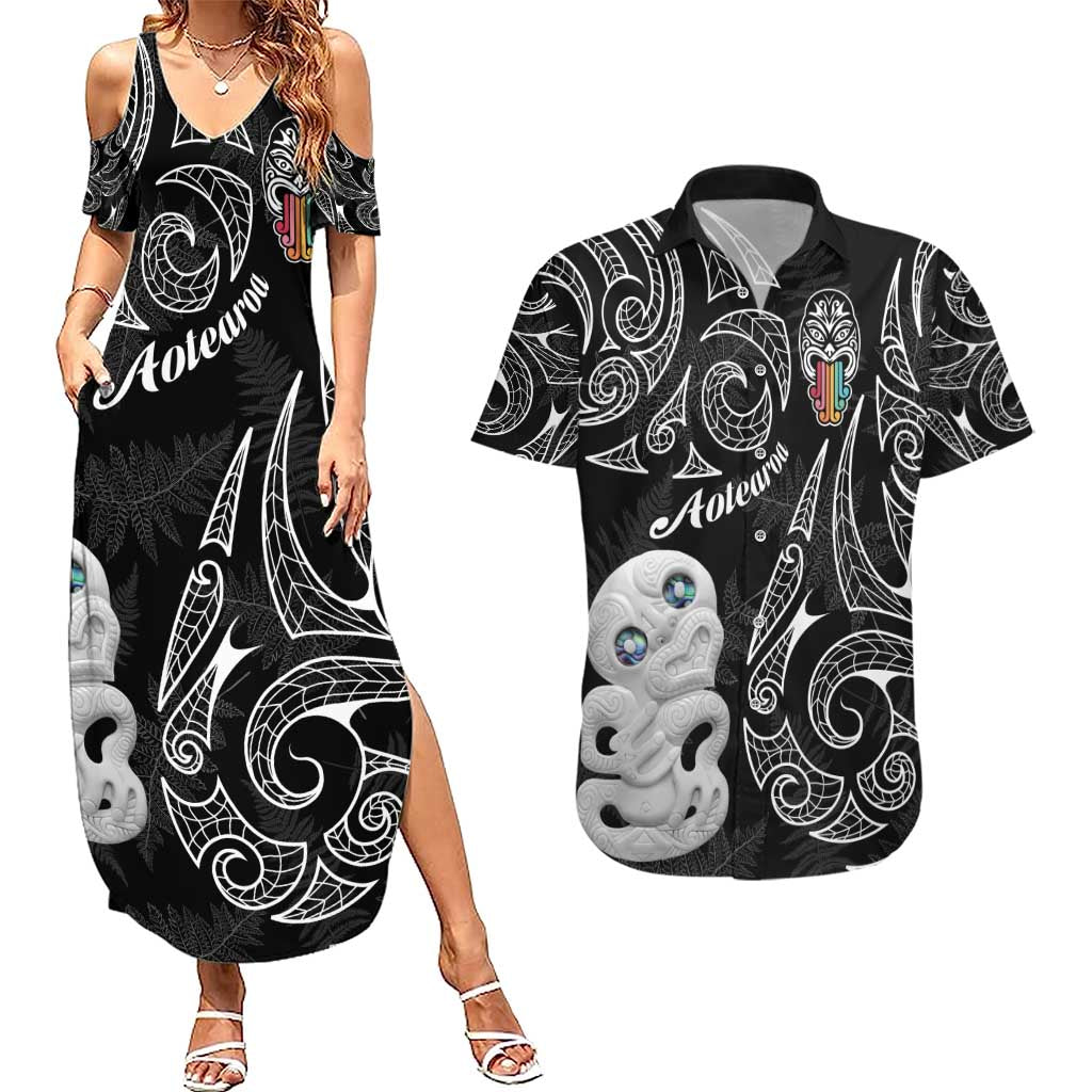 Kia Hara Te reo Maori Couples Matching Summer Maxi Dress and Hawaiian Shirt Manaia Moko Pattern