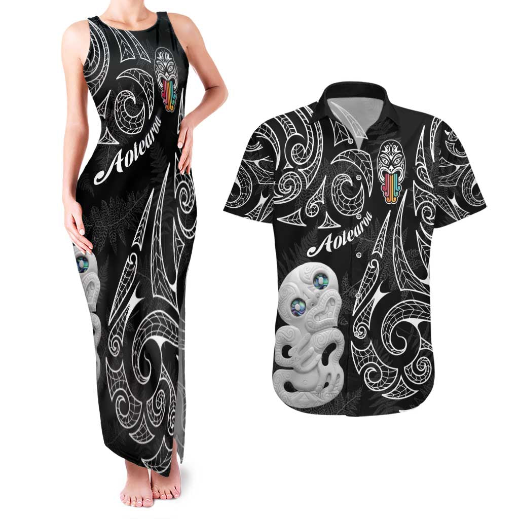 Kia Hara Te reo Maori Couples Matching Tank Maxi Dress and Hawaiian Shirt Manaia Moko Pattern