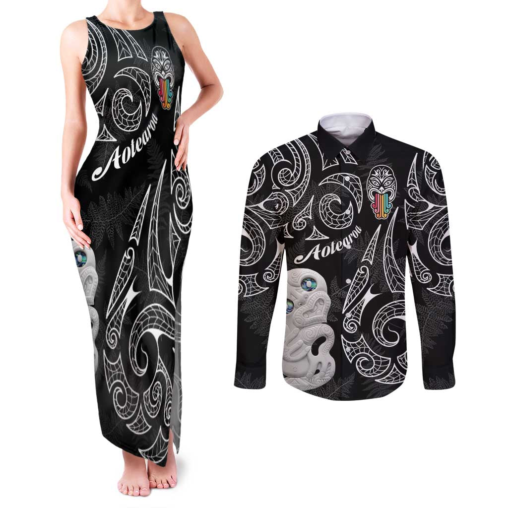 Kia Hara Te reo Maori Couples Matching Tank Maxi Dress and Long Sleeve Button Shirt Manaia Moko Pattern