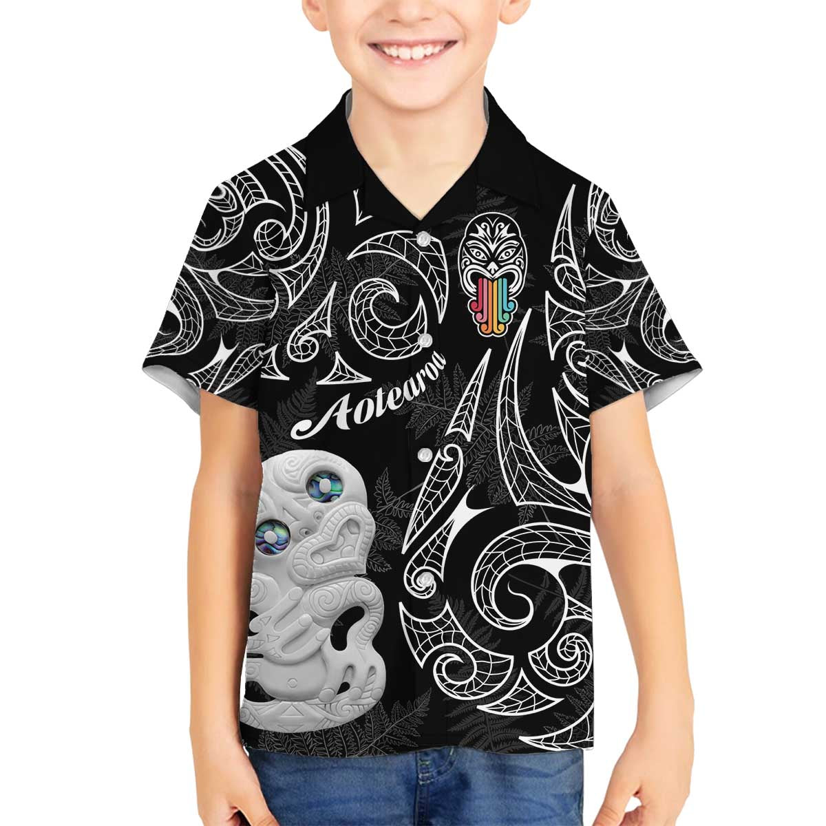 Kia Hara Te reo Maori Family Matching Off The Shoulder Long Sleeve Dress and Hawaiian Shirt Manaia Moko Pattern