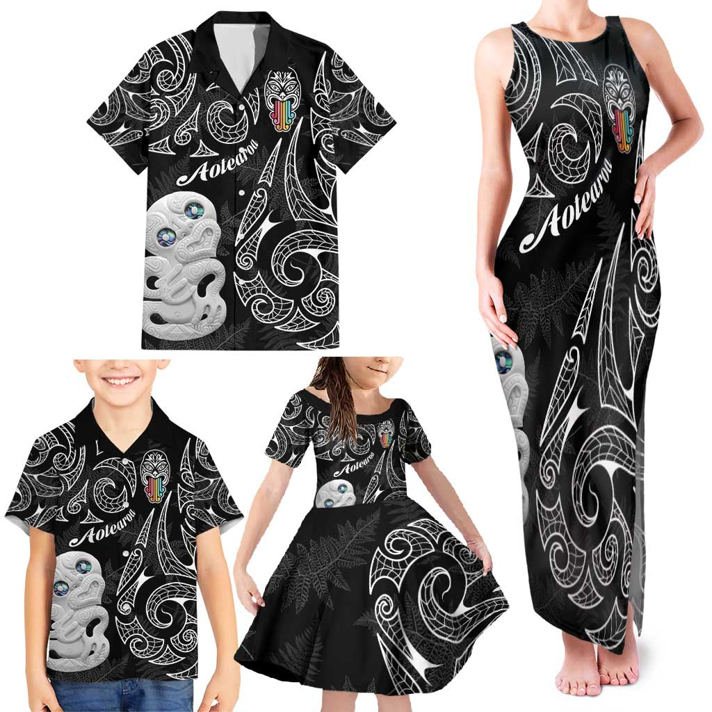Kia Hara Te reo Maori Family Matching Tank Maxi Dress and Hawaiian Shirt Manaia Moko Pattern