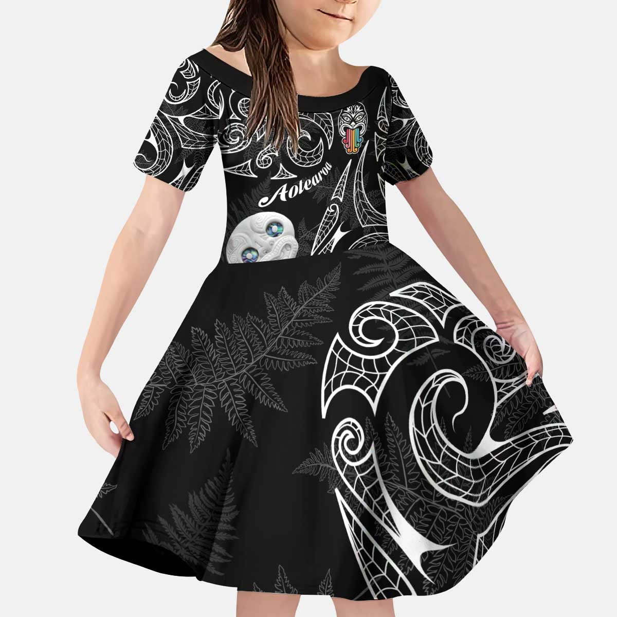 Kia Hara Te reo Maori Kid Short Sleeve Dress Manaia Moko Pattern LT7 KID Black - Polynesian Pride