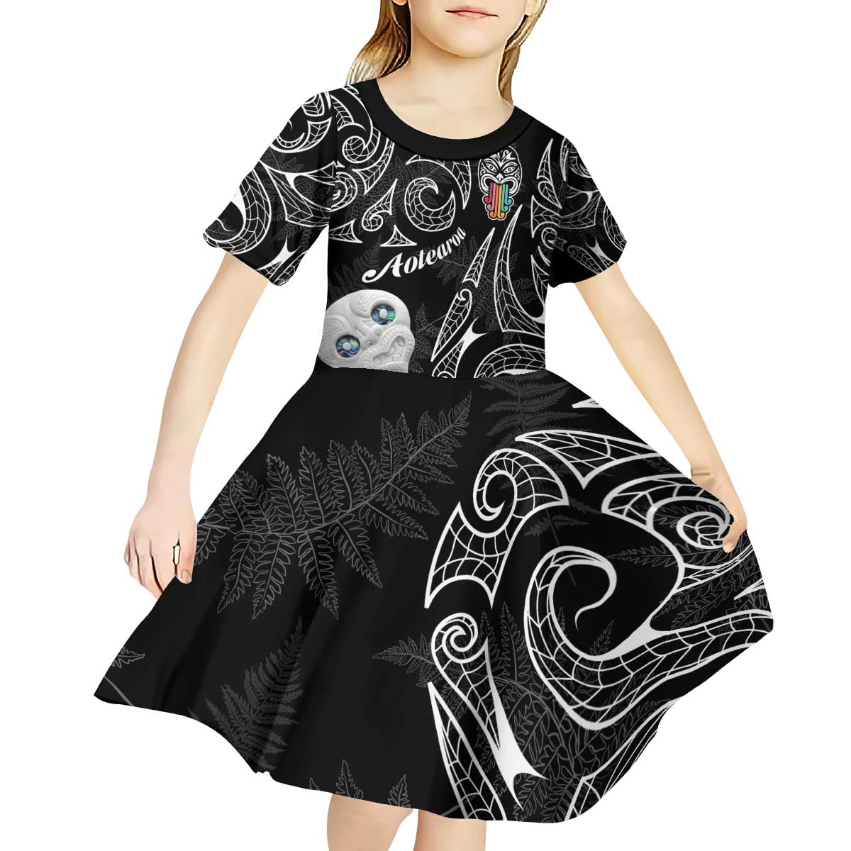 Kia Hara Te reo Maori Kid Short Sleeve Dress Manaia Moko Pattern LT7 - Polynesian Pride