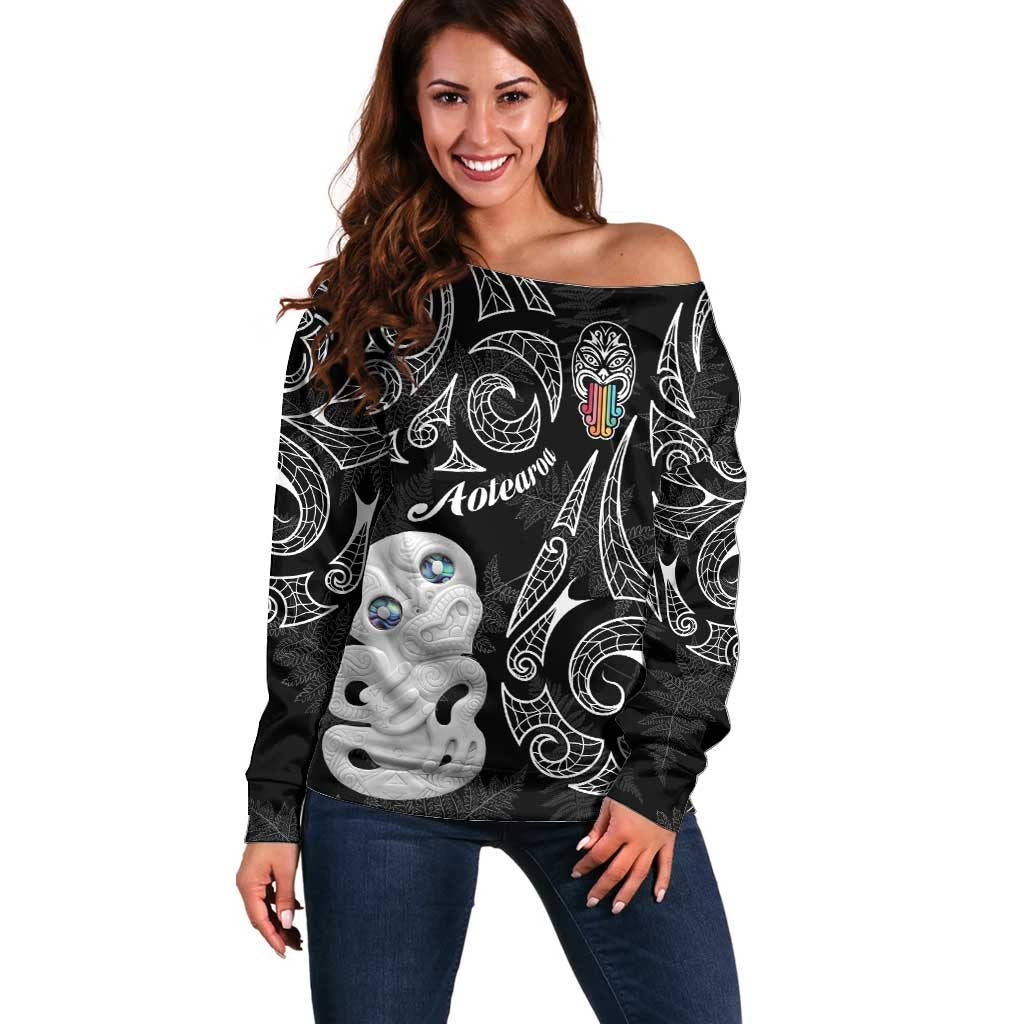 Kia Hara Te reo Maori Off Shoulder Sweater Manaia Moko Pattern