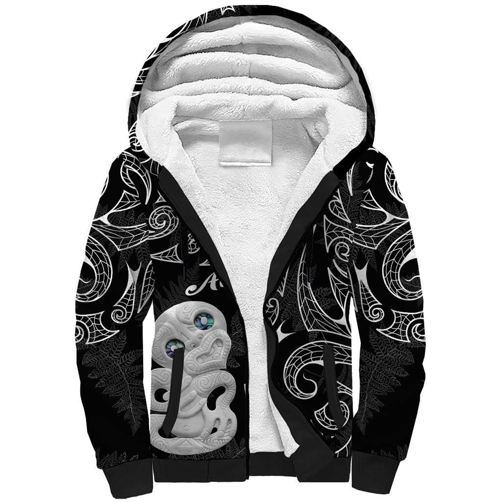 Kia Hara Te reo Maori Sherpa Hoodie Manaia Moko Pattern