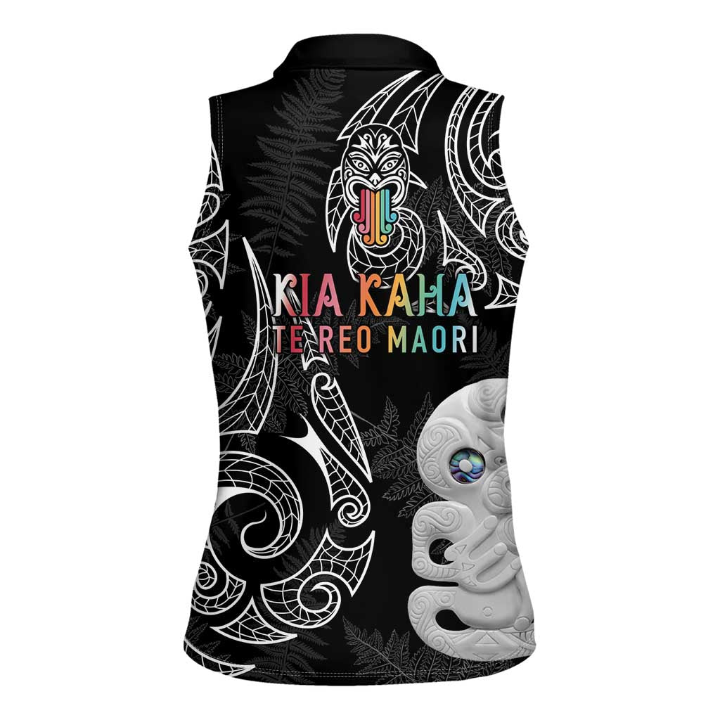 Kia Hara Te reo Maori Women Sleeveless Polo Shirt Manaia Moko Pattern
