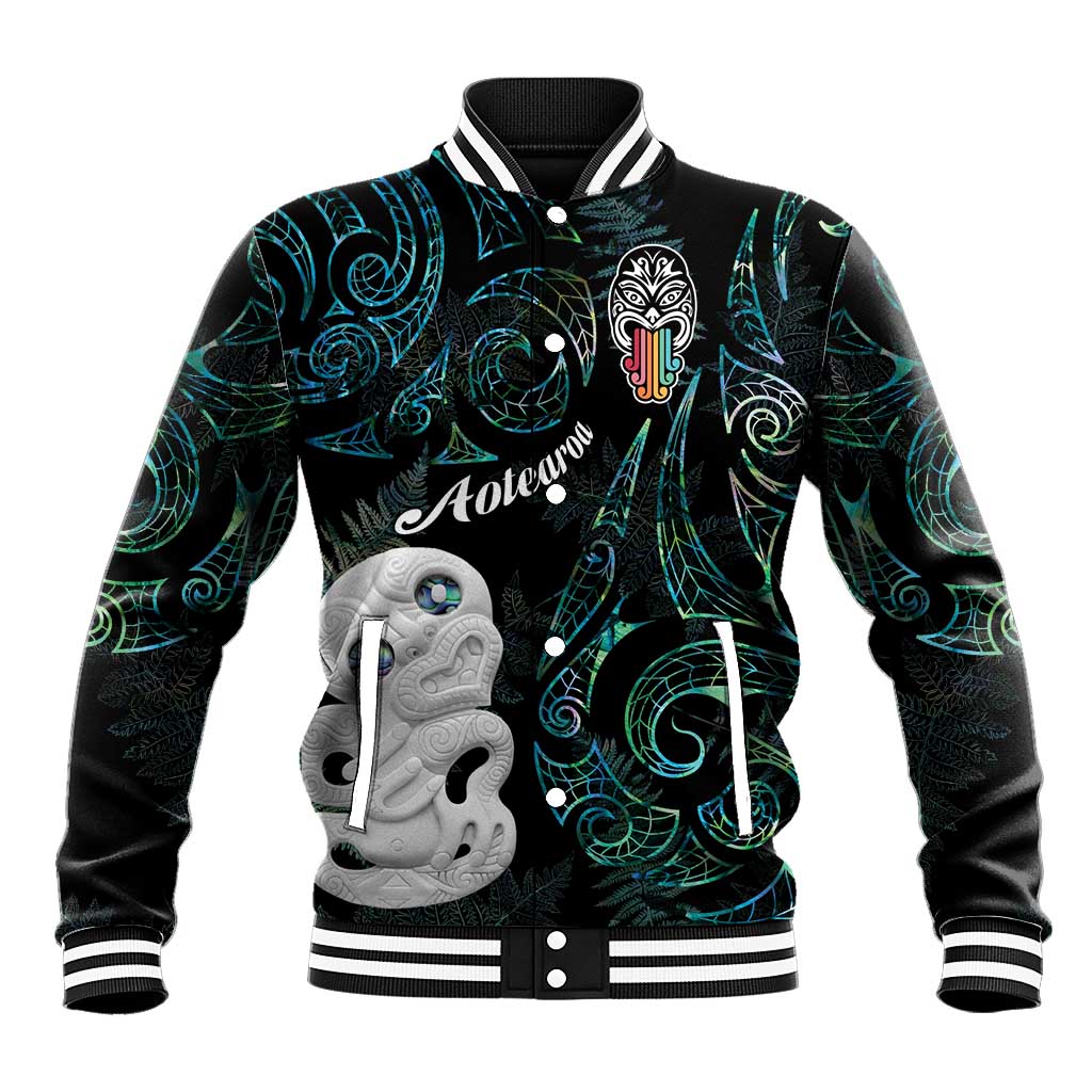 Kia Hara Te reo Maori Baseball Jacket Manaia Moko Mix Paua Shell