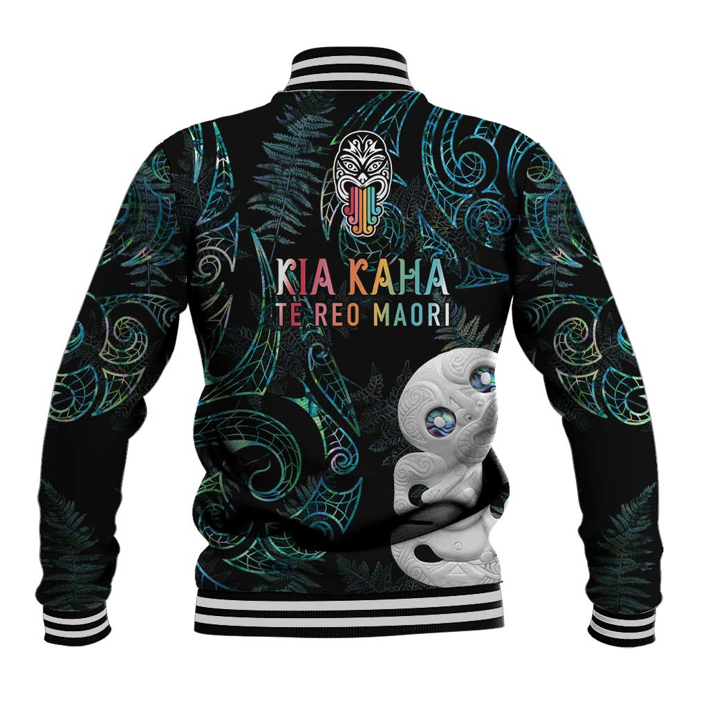 Kia Hara Te reo Maori Baseball Jacket Manaia Moko Mix Paua Shell