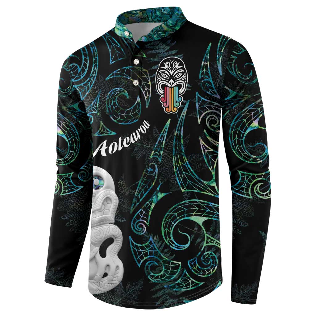 Kia Hara Te reo Maori Button Sweatshirt Manaia Moko Mix Paua Shell