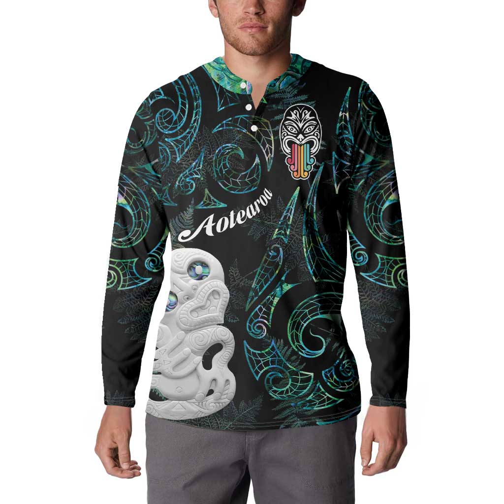 Kia Hara Te reo Maori Button Sweatshirt Manaia Moko Mix Paua Shell