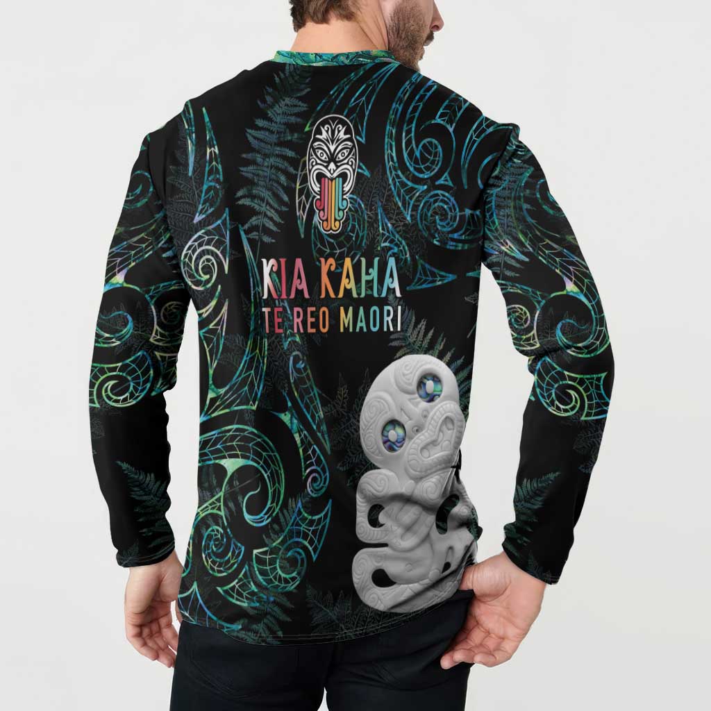 Kia Hara Te reo Maori Button Sweatshirt Manaia Moko Mix Paua Shell