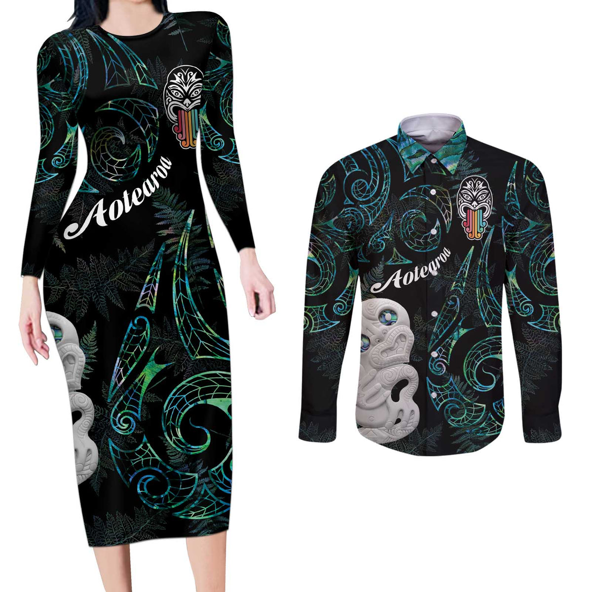 Kia Hara Te reo Maori Couples Matching Long Sleeve Bodycon Dress and Long Sleeve Button Shirt Manaia Moko Mix Paua Shell LT7 Green - Polynesian Pride