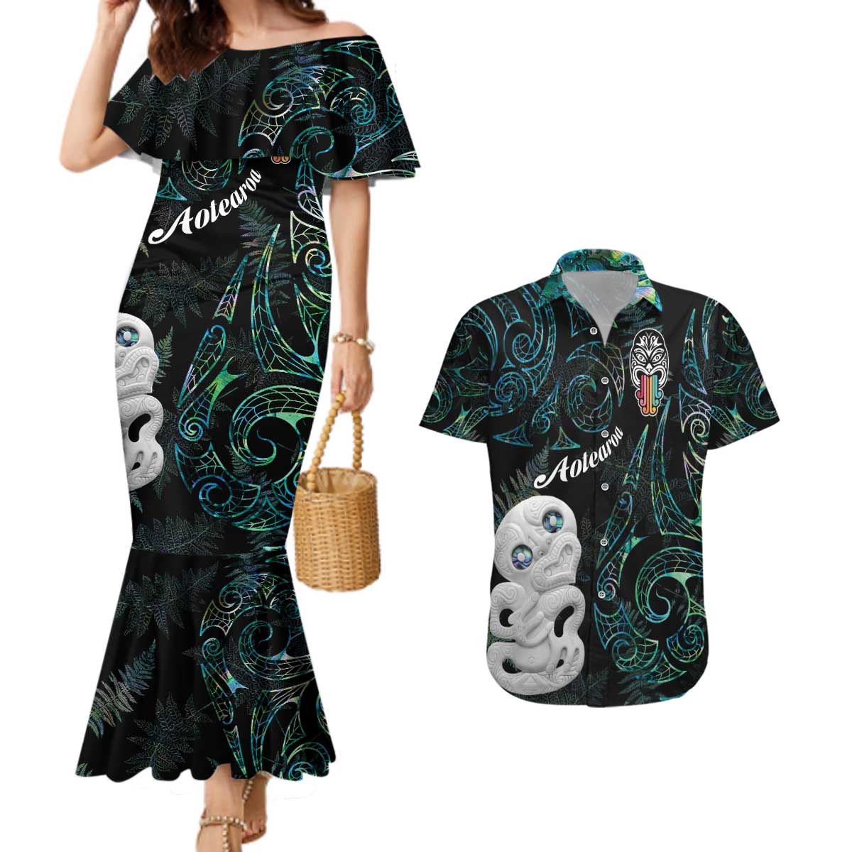 Kia Hara Te reo Maori Couples Matching Mermaid Dress and Hawaiian Shirt Manaia Moko Mix Paua Shell