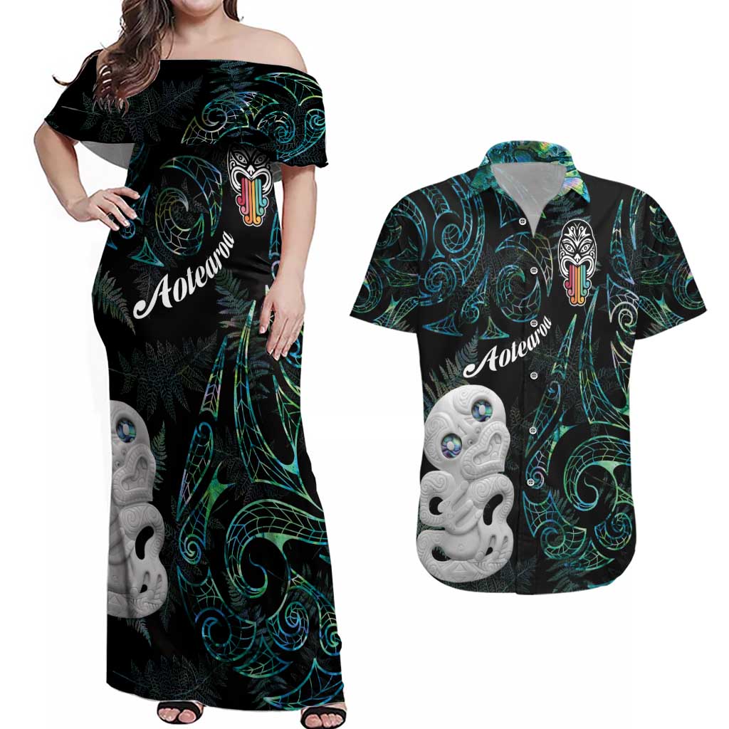 Kia Hara Te reo Maori Couples Matching Off Shoulder Maxi Dress and Hawaiian Shirt Manaia Moko Mix Paua Shell LT7 Green - Polynesian Pride