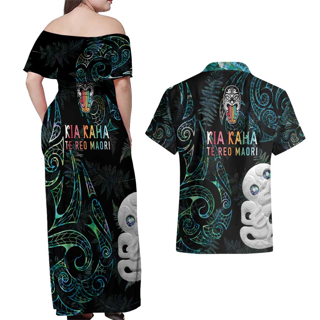 Kia Hara Te reo Maori Couples Matching Off Shoulder Maxi Dress and Hawaiian Shirt Manaia Moko Mix Paua Shell LT7 - Polynesian Pride