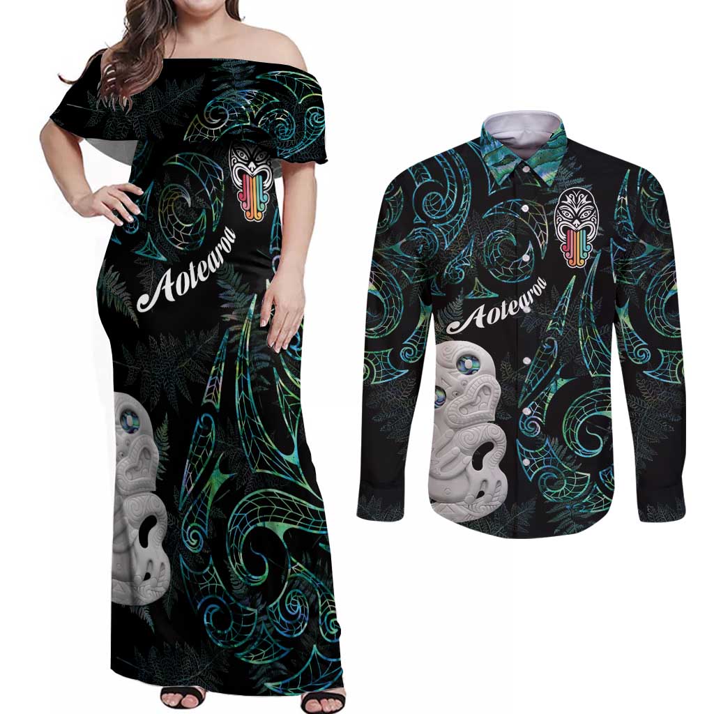 Kia Hara Te reo Maori Couples Matching Off Shoulder Maxi Dress and Long Sleeve Button Shirt Manaia Moko Mix Paua Shell LT7 Green - Polynesian Pride