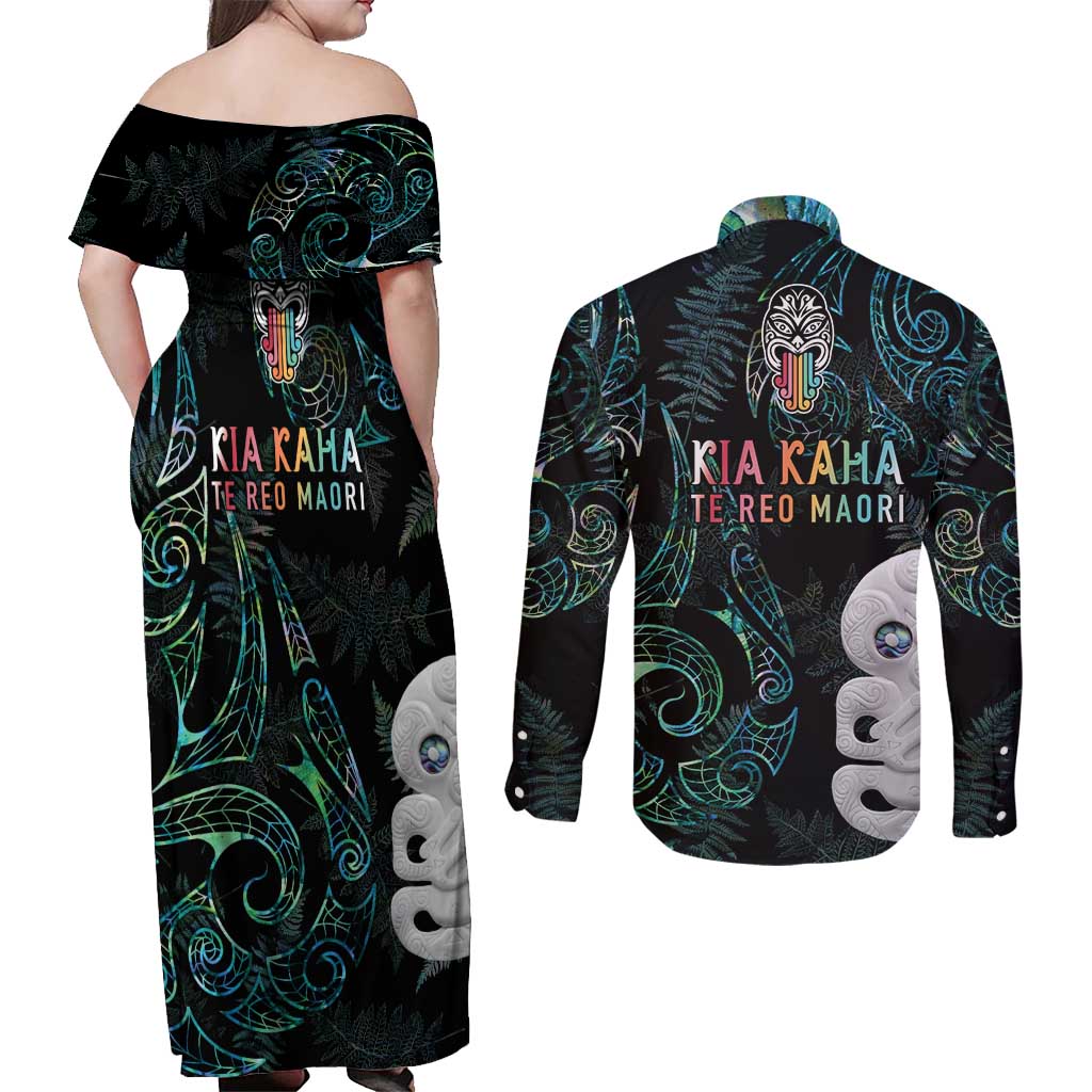 Kia Hara Te reo Maori Couples Matching Off Shoulder Maxi Dress and Long Sleeve Button Shirt Manaia Moko Mix Paua Shell LT7 - Polynesian Pride