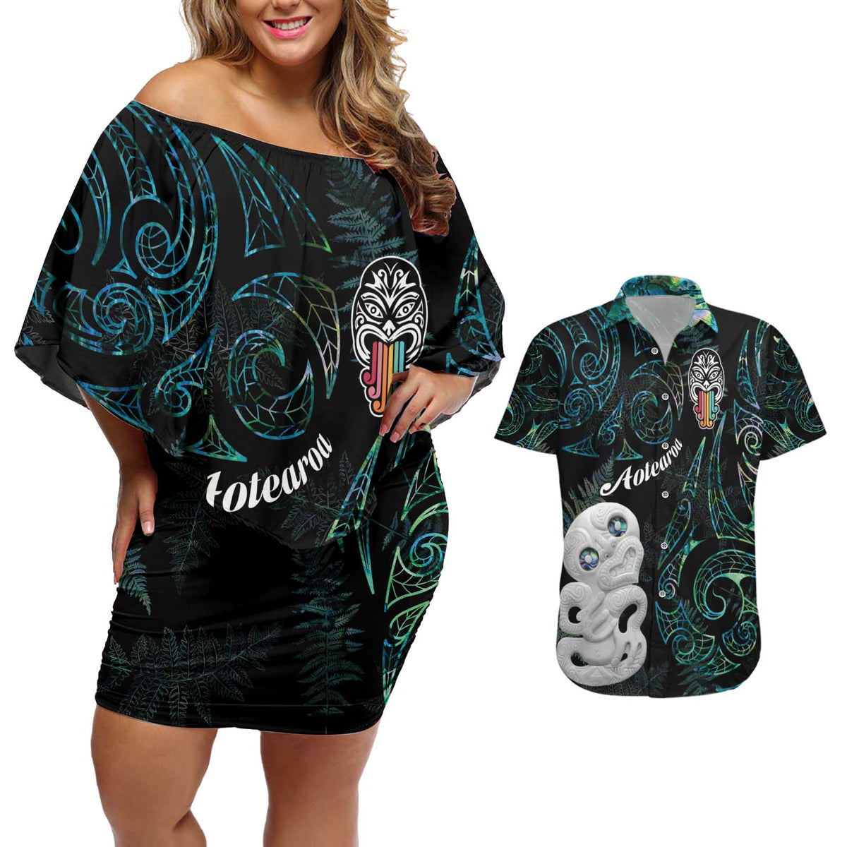 Kia Hara Te reo Maori Couples Matching Off Shoulder Short Dress and Hawaiian Shirt Manaia Moko Mix Paua Shell