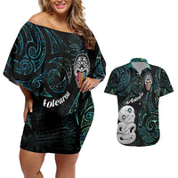 Kia Hara Te reo Maori Couples Matching Off Shoulder Short Dress and Hawaiian Shirt Manaia Moko Mix Paua Shell