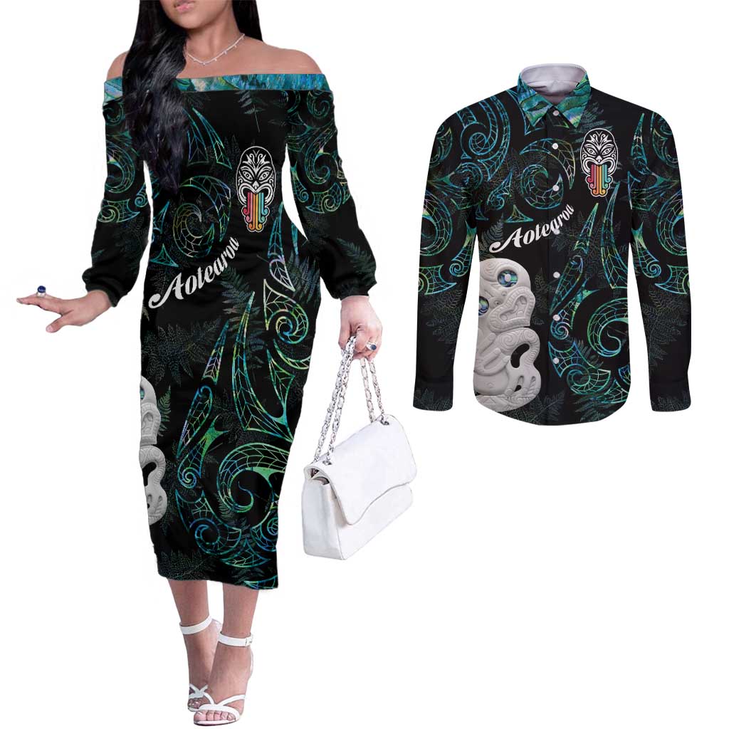 Kia Hara Te reo Maori Couples Matching Off The Shoulder Long Sleeve Dress and Long Sleeve Button Shirt Manaia Moko Mix Paua Shell LT7 Green - Polynesian Pride
