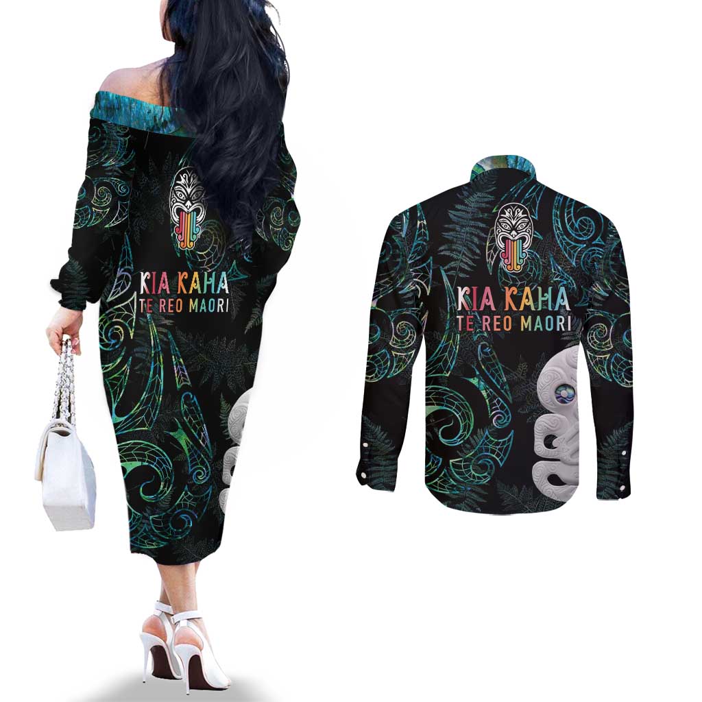 Kia Hara Te reo Maori Couples Matching Off The Shoulder Long Sleeve Dress and Long Sleeve Button Shirt Manaia Moko Mix Paua Shell LT7 - Polynesian Pride
