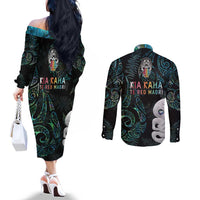 Kia Hara Te reo Maori Couples Matching Off The Shoulder Long Sleeve Dress and Long Sleeve Button Shirt Manaia Moko Mix Paua Shell LT7 - Polynesian Pride