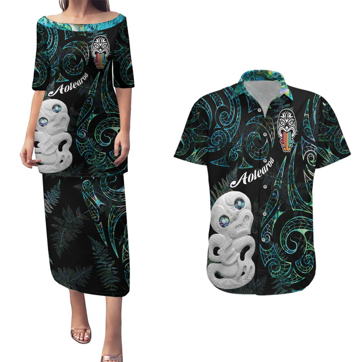 Kia Hara Te reo Maori Couples Matching Puletasi and Hawaiian Shirt Manaia Moko Mix Paua Shell