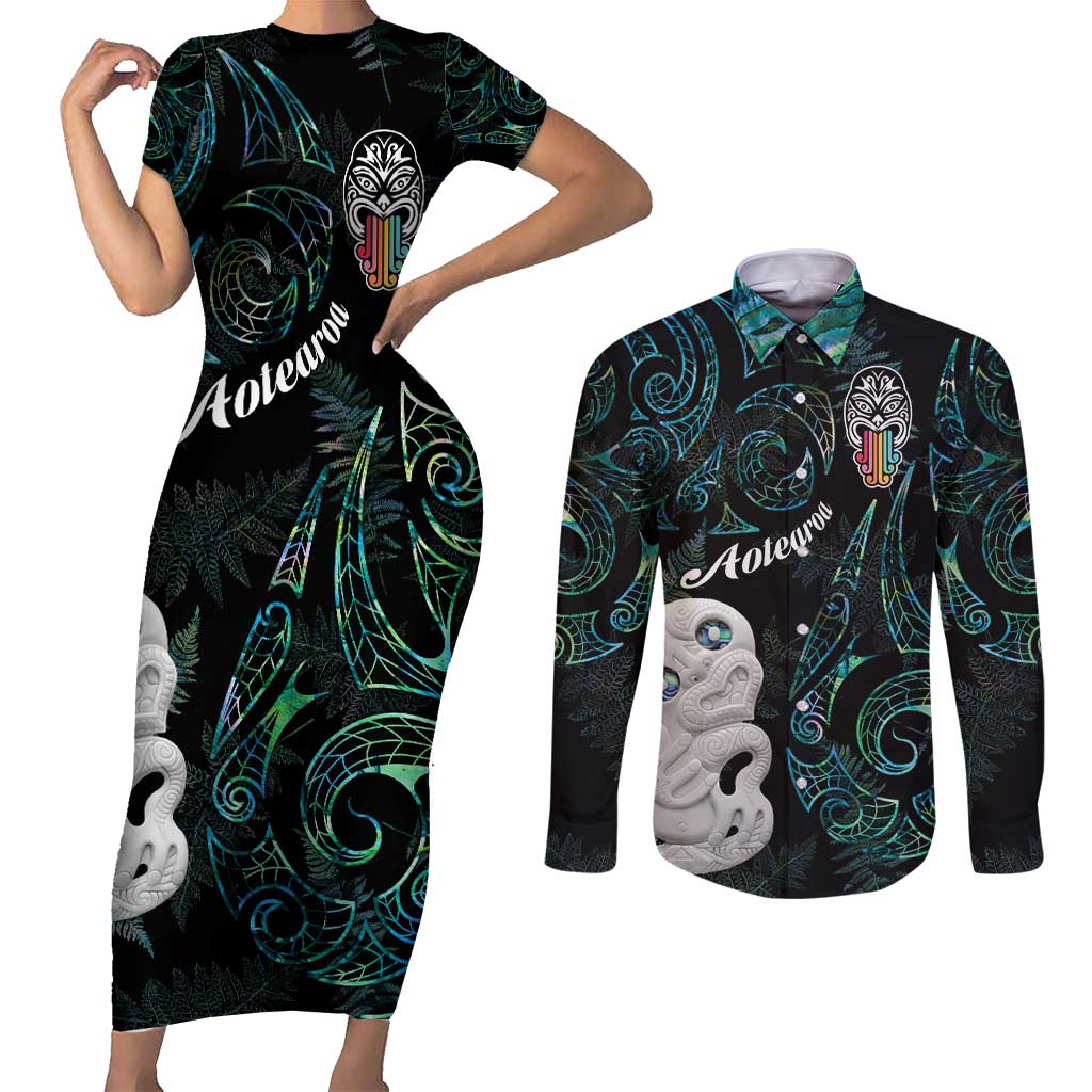 Kia Hara Te reo Maori Couples Matching Short Sleeve Bodycon Dress and Long Sleeve Button Shirt Manaia Moko Mix Paua Shell LT7 Green - Polynesian Pride