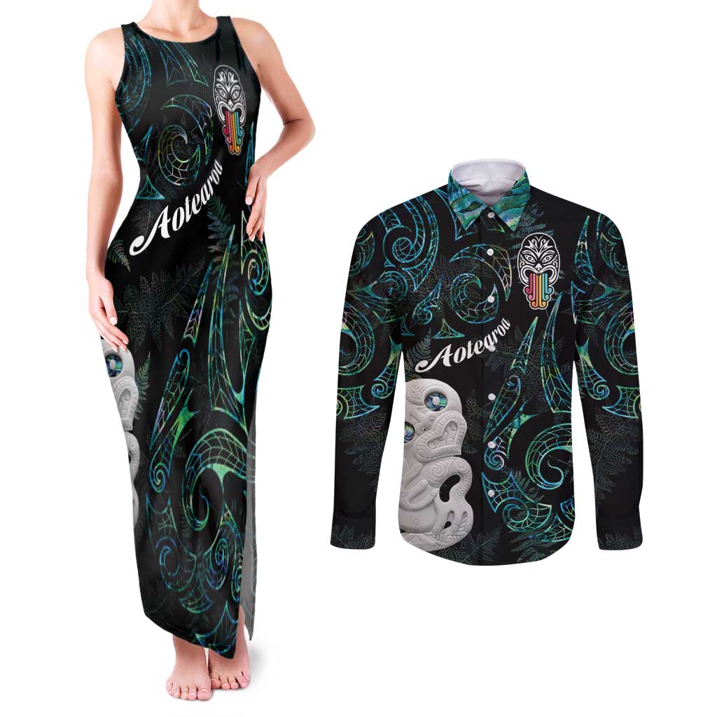 Kia Hara Te reo Maori Couples Matching Tank Maxi Dress and Long Sleeve Button Shirt Manaia Moko Mix Paua Shell