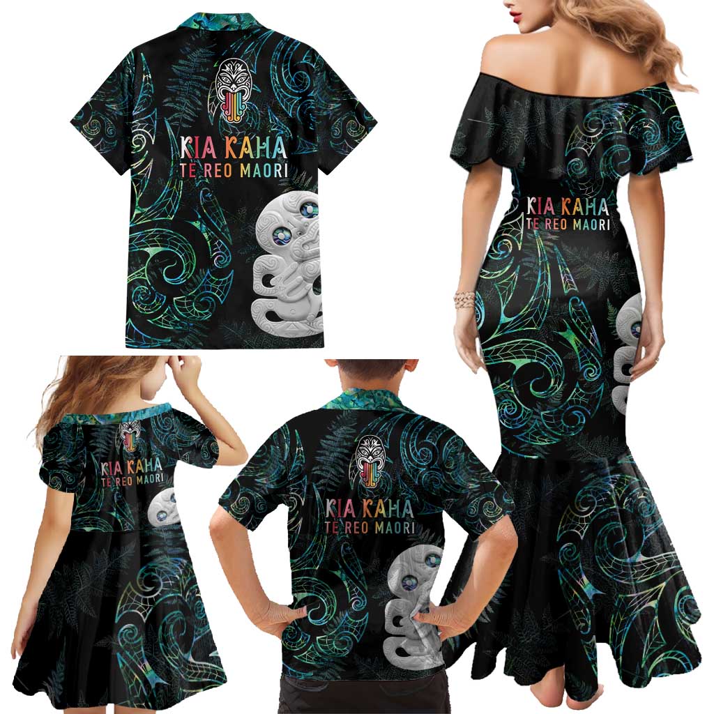 Kia Hara Te reo Maori Family Matching Mermaid Dress and Hawaiian Shirt Manaia Moko Mix Paua Shell
