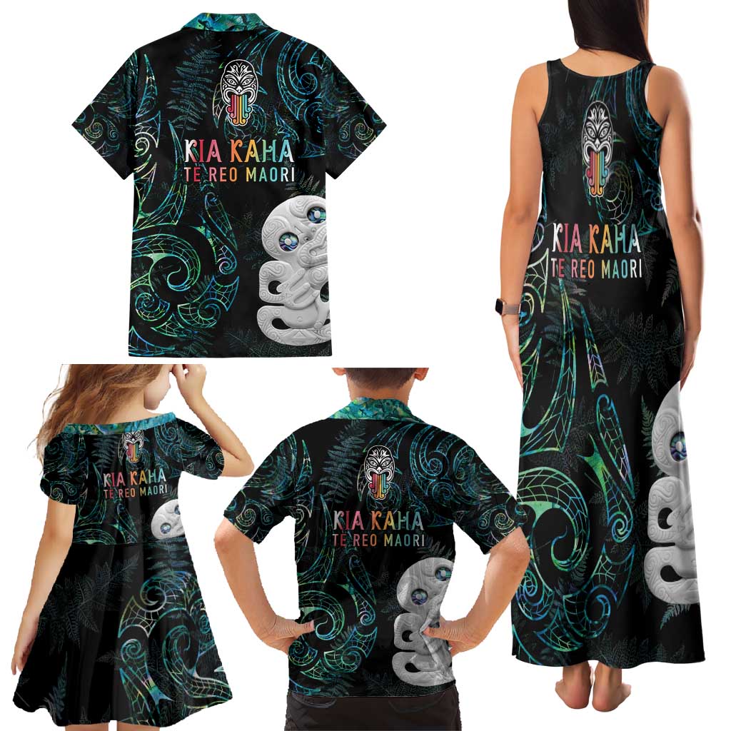 Kia Hara Te reo Maori Family Matching Tank Maxi Dress and Hawaiian Shirt Manaia Moko Mix Paua Shell