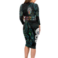 Kia Hara Te reo Maori Long Sleeve Bodycon Dress Manaia Moko Mix Paua Shell