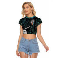 Kia Hara Te reo Maori Raglan Cropped T Shirt Manaia Moko Mix Paua Shell LT7 Female Green - Polynesian Pride