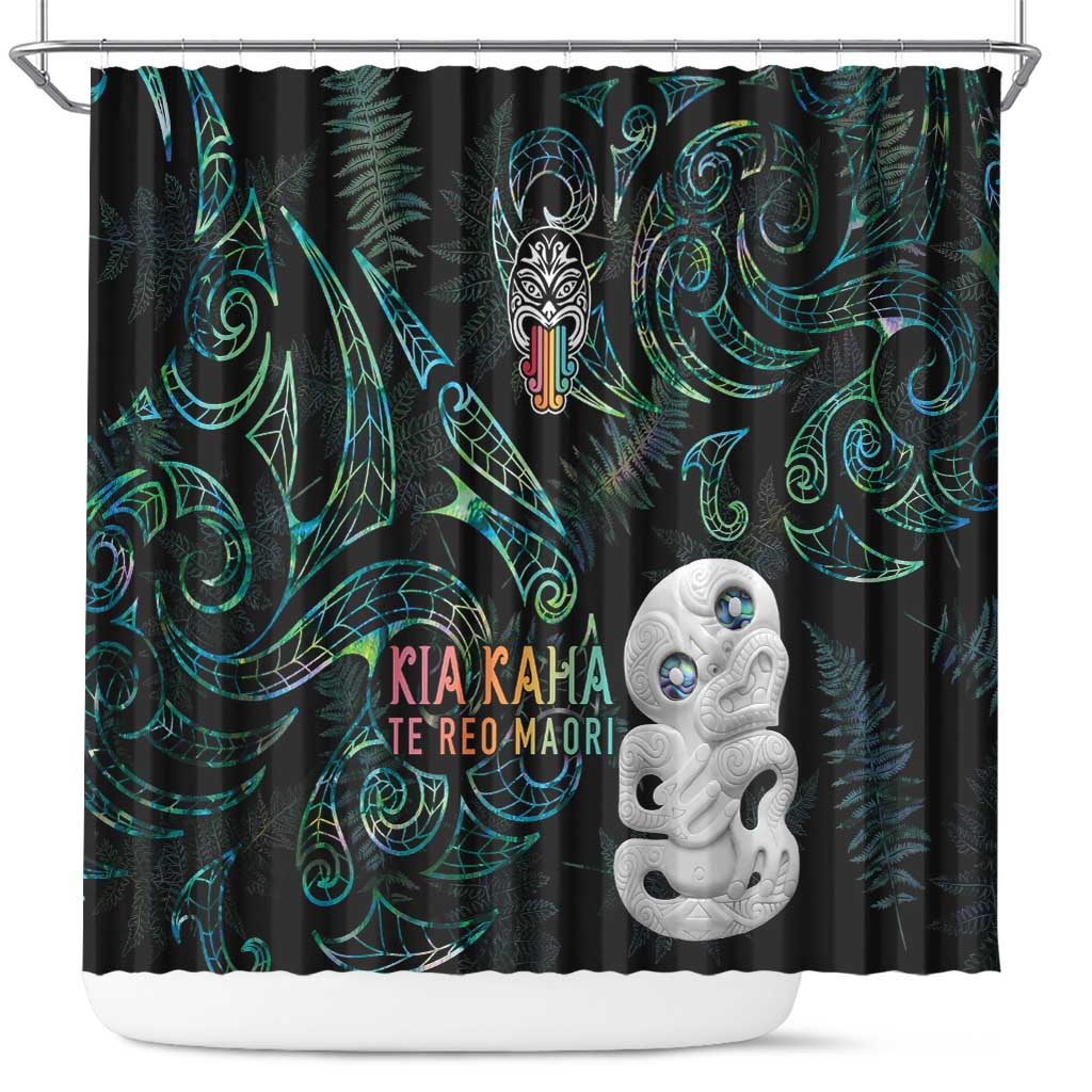 Kia Hara Te reo Maori Shower Curtain Manaia Moko Mix Paua Shell