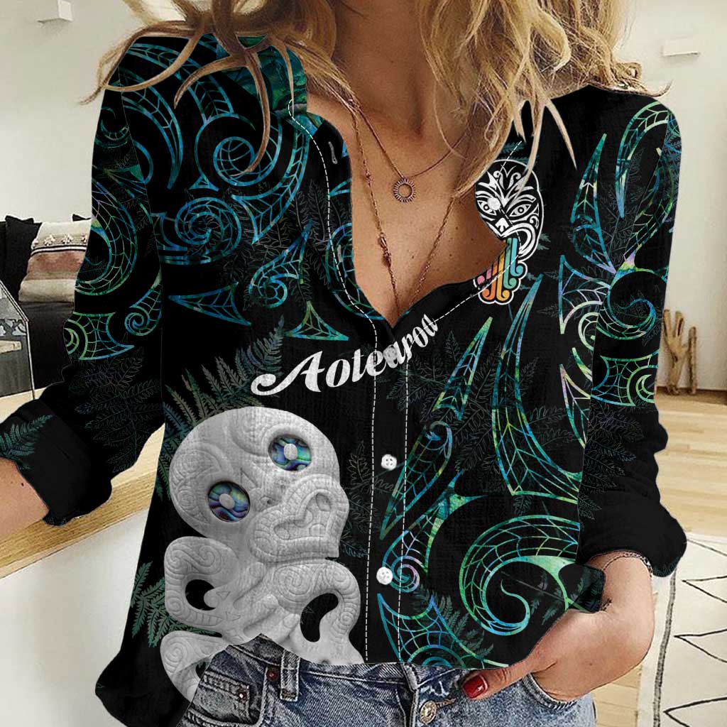 Kia Hara Te reo Maori Women Casual Shirt Manaia Moko Mix Paua Shell LT7 Female Green - Polynesian Pride