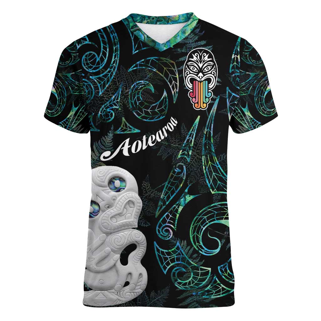 Kia Hara Te reo Maori Women V-Neck T-Shirt Manaia Moko Mix Paua Shell LT7 Female Green - Polynesian Pride