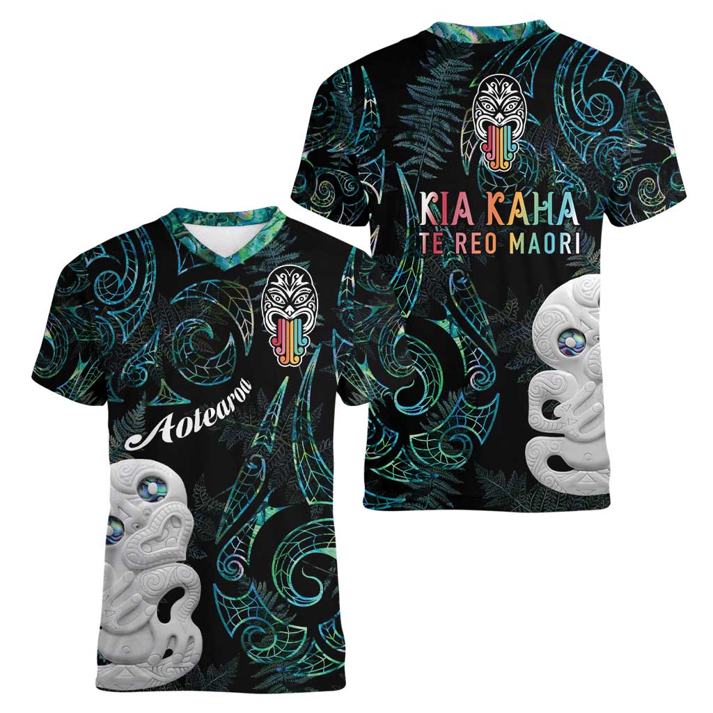 Kia Hara Te reo Maori Women V-Neck T-Shirt Manaia Moko Mix Paua Shell LT7 - Polynesian Pride