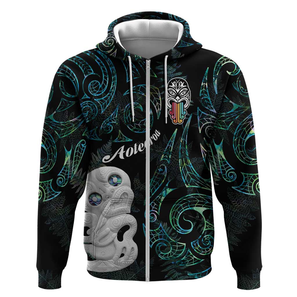 Kia Hara Te reo Maori Zip Hoodie Manaia Moko Mix Paua Shell