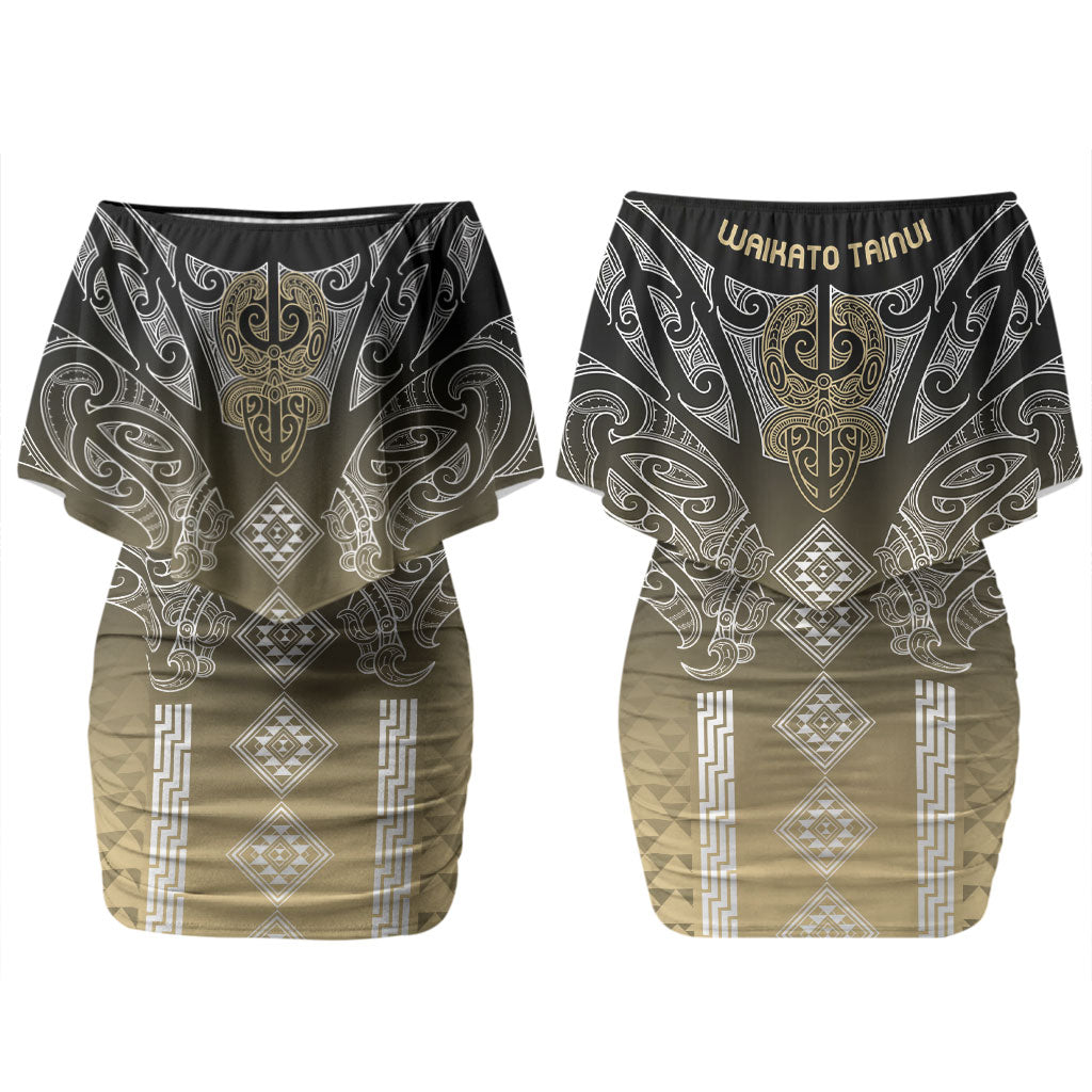 Aotearoa Maori Iwi Heritage Couples Matching Off Shoulder Short Dress and Long Sleeve Button Shirt Waikato Tainui Parauri LT7 - Polynesian Pride