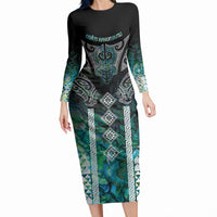 Aotearoa Maori Iwi Heritage Long Sleeve Bodycon Dress Ngati Kahungunu Paua Shell Turquoise LT7 Long Dress Green Blue - Polynesian Pride
