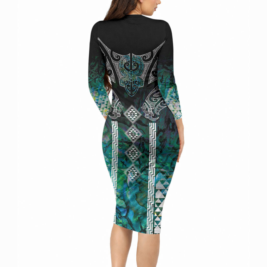 Aotearoa Maori Iwi Heritage Long Sleeve Bodycon Dress Ngati Kahungunu Paua Shell Turquoise LT7 - Polynesian Pride