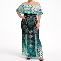 Aotearoa Maori Iwi Heritage Off Shoulder Maxi Dress Ngati Kahungunu Paua Shell Turquoise LT7 Women Green Blue - Polynesian Pride