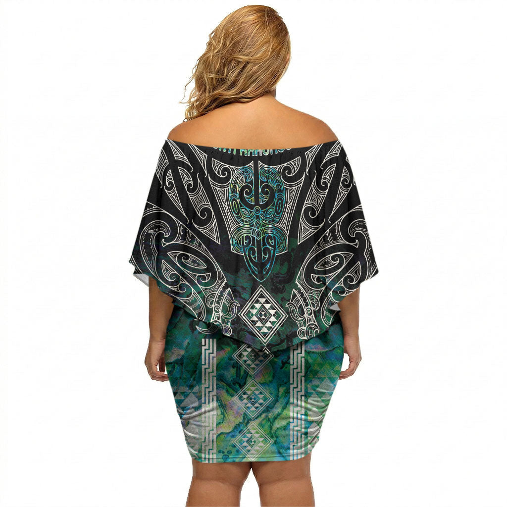Aotearoa Maori Iwi Heritage Off Shoulder Short Dress Ngati Kahungunu Paua Shell Turquoise LT7 - Polynesian Pride