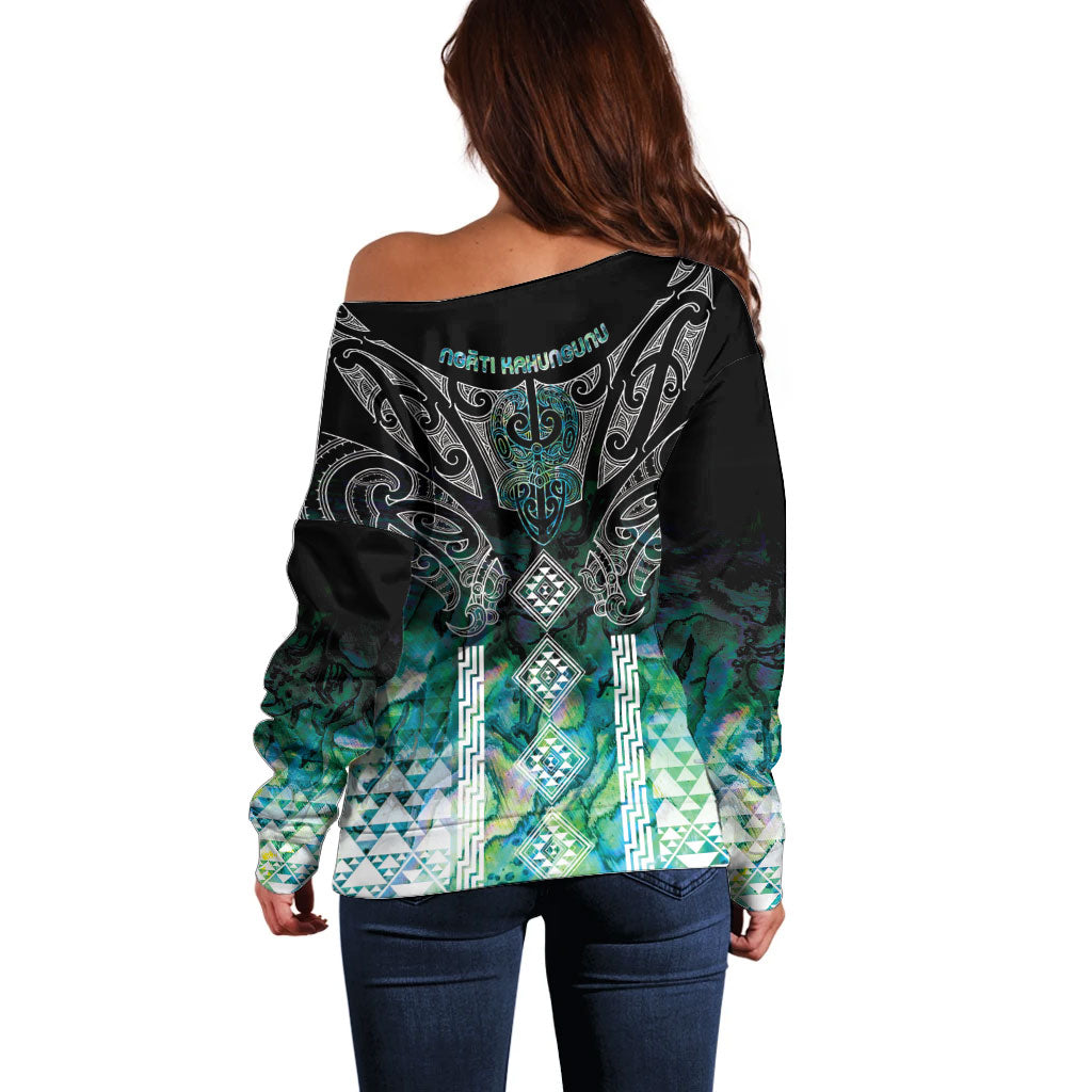 Aotearoa Maori Iwi Heritage Off Shoulder Sweater Ngati Kahungunu Paua Shell Turquoise LT7 - Polynesian Pride
