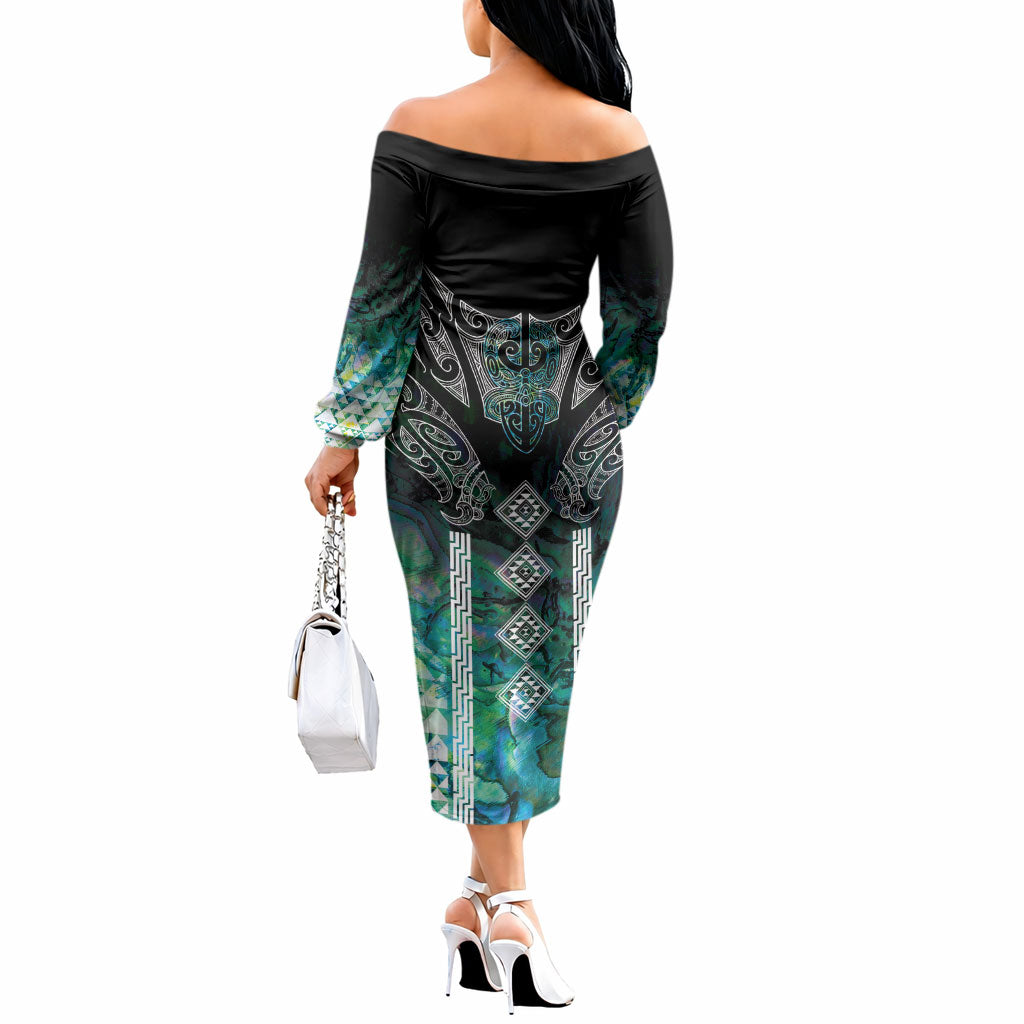 Aotearoa Maori Iwi Heritage Off The Shoulder Long Sleeve Dress Ngati Kahungunu Paua Shell Turquoise LT7 - Polynesian Pride