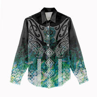 Aotearoa Maori Iwi Heritage Women Casual Shirt Ngati Kahungunu Paua Shell Turquoise LT7 - Polynesian Pride
