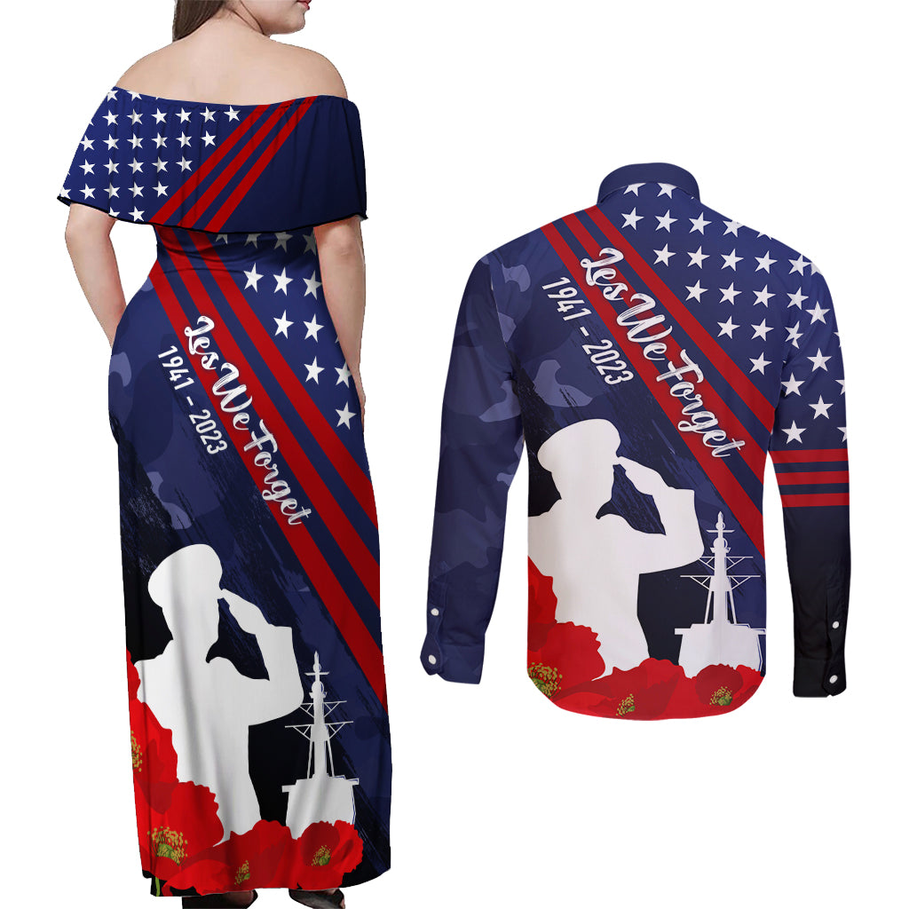 Pearl Harbor Remembrance Day Couples Matching Off Shoulder Maxi Dress and Long Sleeve Button Shirt Poppy Mix Style LT7 - Polynesian Pride