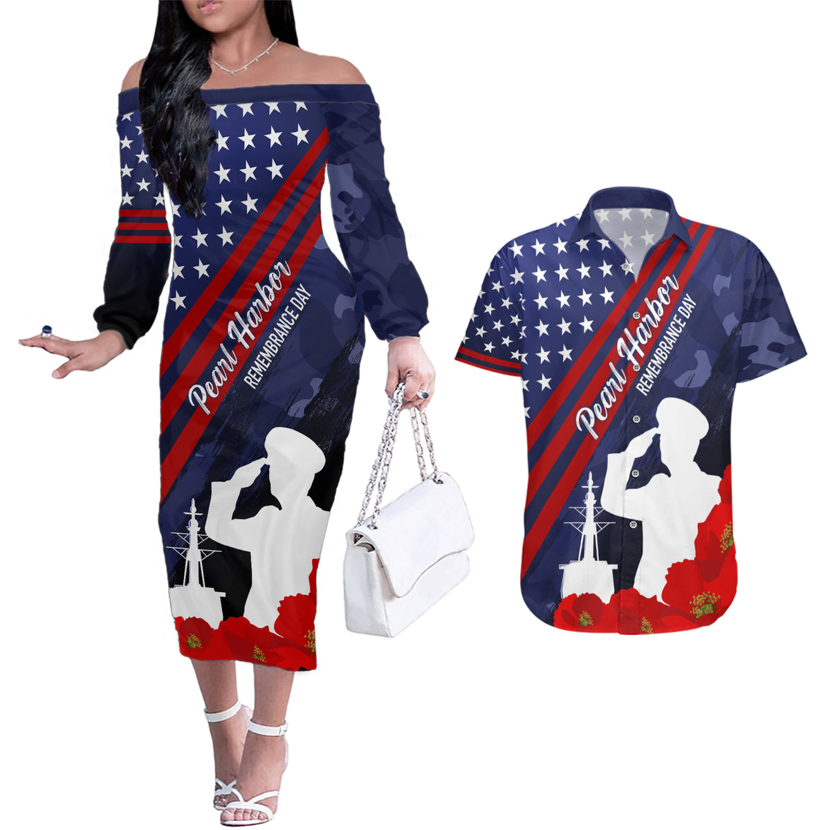 Pearl Harbor Remembrance Day Couples Matching Off The Shoulder Long Sleeve Dress and Hawaiian Shirt Poppy Mix Style LT7 Navy Blue - Polynesian Pride