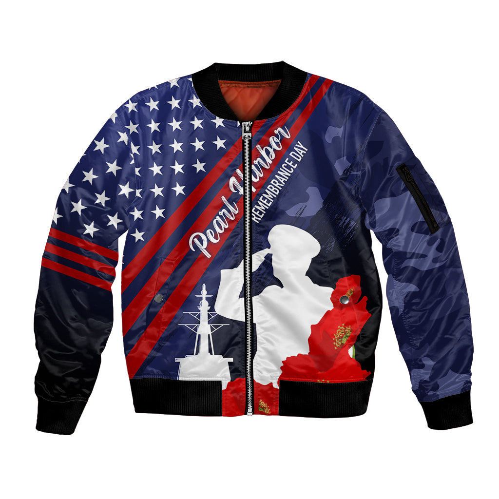 Pearl Harbor Remembrance Day Sleeve Zip Bomber Jacket Poppy Mix Style LT7 Unisex Navy Blue - Polynesian Pride